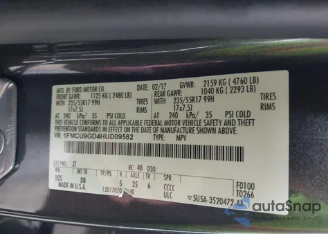 2017 Ford Escape Se из США, поврежденный, VIN 1FMCU9GD4HUD09582